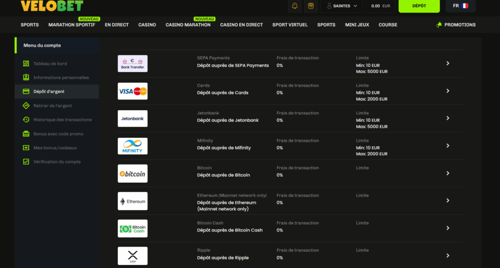 Velobet options de paiement